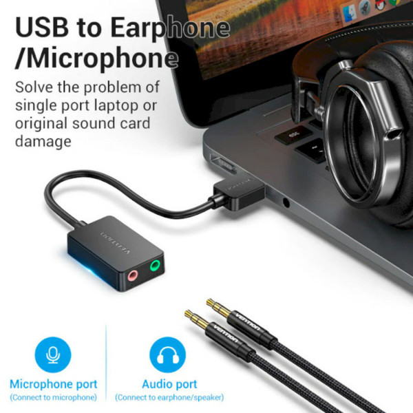 Адаптер Vention 2-port USB External Sound Card 0.15M Black (CDYB0)