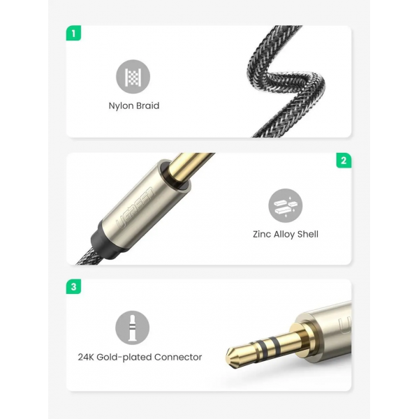 Аудіокабель UGREEN AV127 3.5mm to 6.35mm TRS Stereo Audio Cable 2m (Gray)(UGR-10628)