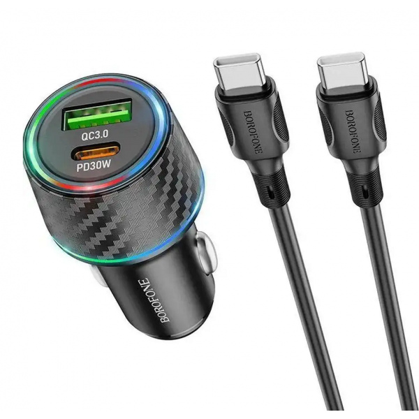 Автомобільний зарядний пристрій BOROFONE BZ21 Brilliant 48W dual port PD30W+QC3.0 car charger set(Type-C to Type-C) Black (6941991101199)