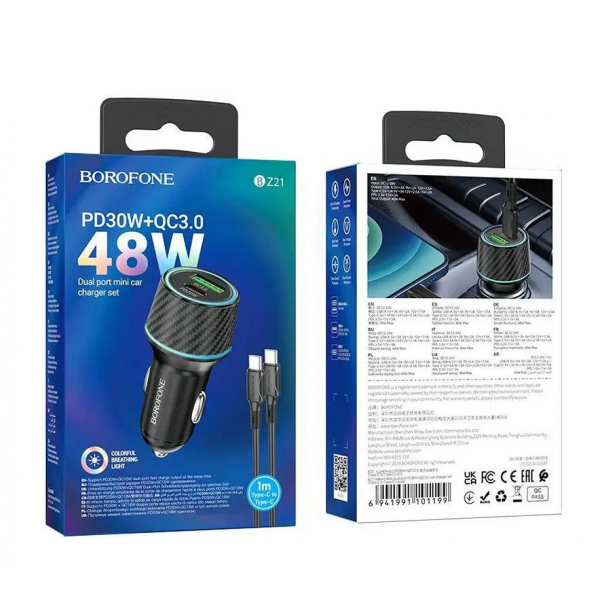 Автомобільний зарядний пристрій BOROFONE BZ21 Brilliant 48W dual port PD30W+QC3.0 car charger set(Type-C to Type-C) Black (6941991101199)