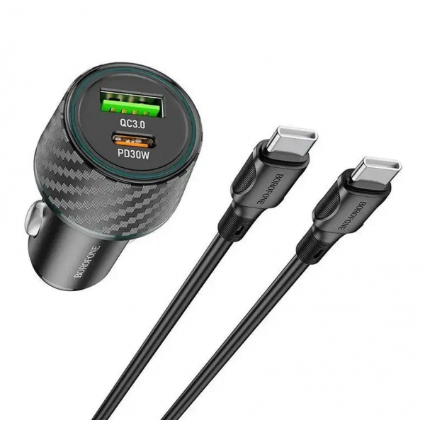 Автомобільний зарядний пристрій BOROFONE BZ21 Brilliant 48W dual port PD30W+QC3.0 car charger set(Type-C to Type-C) Black (6941991101199)