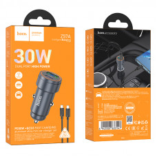 Автомобільний зарядний пристрій HOCO Z57A Glorious PD30W+QC3.0 car charger set(C to C) Metal Gray (6942007633147)