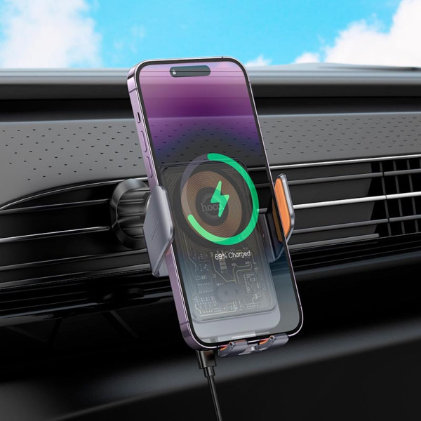 Автотримач для телефона з БЗП HOCO HW7 Transparent Discovery Edition wireless fast charging car holder(air outlet) Metal Gray