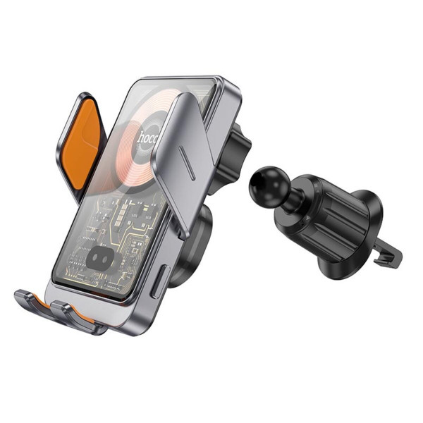 Автотримач для телефона з БЗП HOCO HW7 Transparent Discovery Edition wireless fast charging car holder(air outlet) Metal Gray