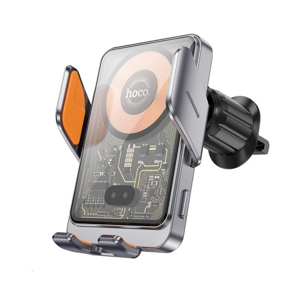 Автотримач для телефона з БЗП HOCO HW7 Transparent Discovery Edition wireless fast charging car holder(air outlet) Metal Gray