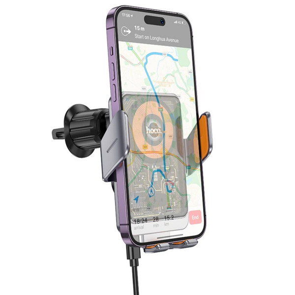 Автотримач для телефона з БЗП HOCO HW7 Transparent Discovery Edition wireless fast charging car holder(air outlet) Metal Gray