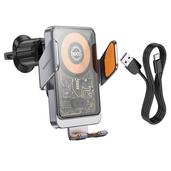 Автотримач для телефона з БЗП HOCO HW7 Transparent Discovery Edition wireless fast charging car holder(air outlet) Metal Gray