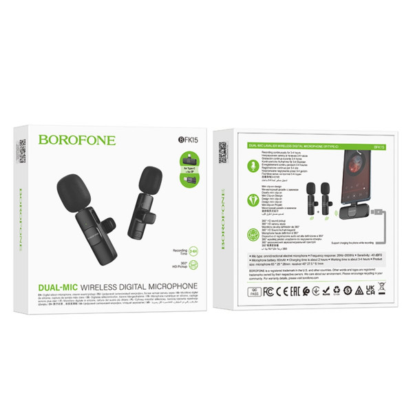 Бездротова мікрофонна система BOROFONE BFK15 Dual-mic lavalier wireless digital microphone (iP/Type-C) Чорний