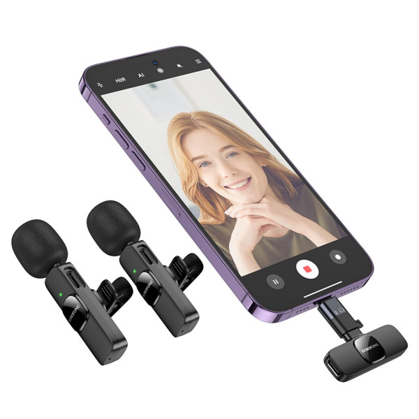 Бездротова мікрофонна система BOROFONE BFK15 Dual-mic lavalier wireless digital microphone (iP/Type-C) Чорний
