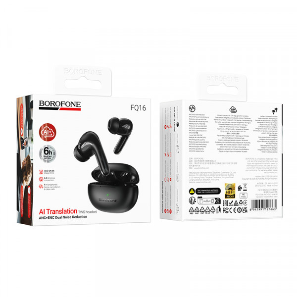 Бездротові навушники TWS BOROFONE FQ16 Star ANC+ENC smart AI translation headset(App) Black (6941991127663)