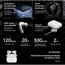 Бездротові навушники TWS REMAX PD-BT533N Pro ,ANC+ENC, Support in-ear detection and wireless chargin, IPX4, White (PD-BT533NPro)