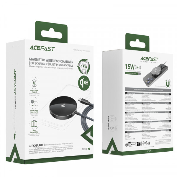 Бездротовий зарядний пристрій ACEFAST E24 QI2 desktop magnetic wireless charger with cable, Metal Gray (6974316284758)