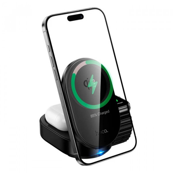 Бездротовий зарядний пристрій HOCO CQ23 Pole Qi2.2 3-in-1 magnetic wireless fast charger Black (6942007676960)