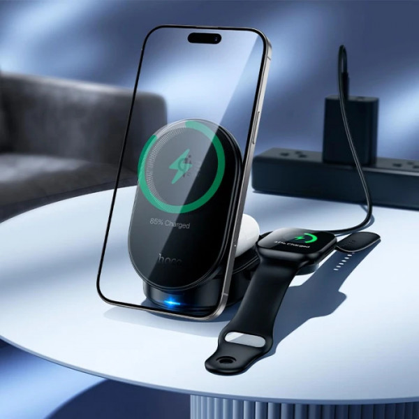Бездротовий зарядний пристрій HOCO CQ23 Pole Qi2.2 3-in-1 magnetic wireless fast charger Black (6942007676960)