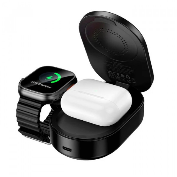 Бездротовий зарядний пристрій HOCO CQ23 Pole Qi2.2 3-in-1 magnetic wireless fast charger Black (6942007676960)