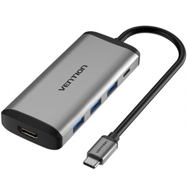 Хаб Vention Type-C to HDMI/USB3.0*3/PD Converter 0.15M Gray Metal Type (CNBHB)
