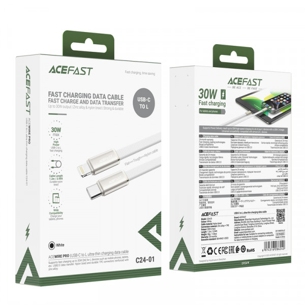 Кабель ACEFAST C24-01, USB to iP, 30W, 1.2m, Braided wire, Zinc alloy + TPE connectors, White (6974316286240)