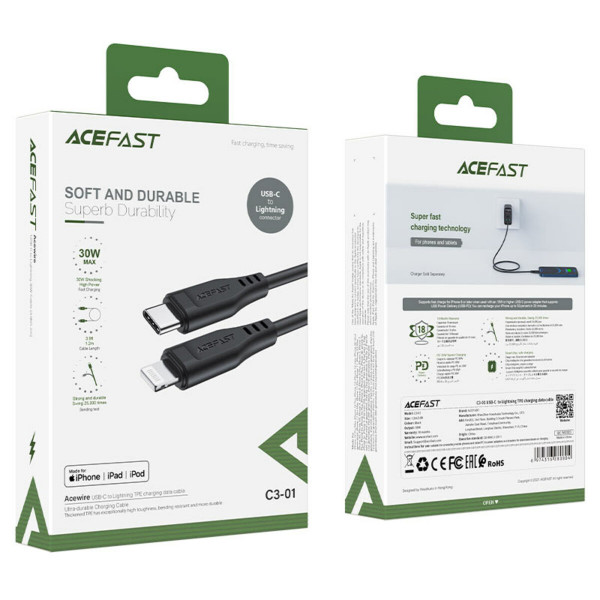 Кабель ACEFAST C3-01 Type-C to iP 3A, 30W, TPE, TPE connectors, Чорний