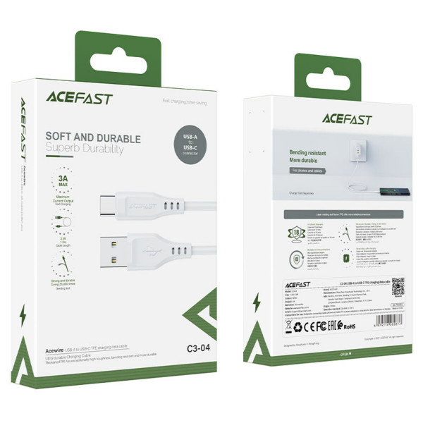 Кабель ACEFAST C3-04 USB to Type-C 3A, 1.2m, TPE, TPE connectors, Білий