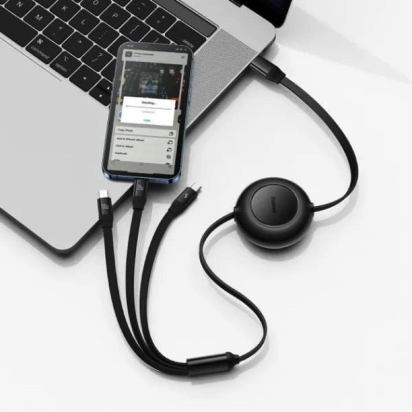 Кабель Baseus Bright Mirror 2 Series Retractable 3-in-1 Fast Charging Data Cable Type-C to M+L+C 100W 1.1m Чорний