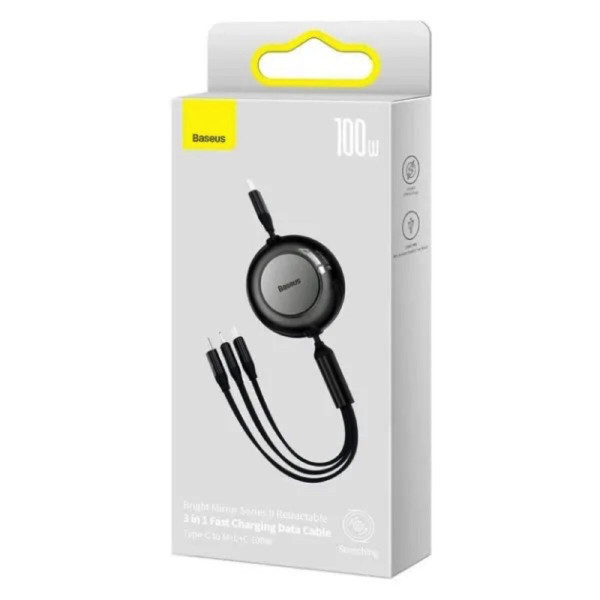 Кабель Baseus Bright Mirror 2 Series Retractable 3-in-1 Fast Charging Data Cable Type-C to M+L+C 100W 1.1m Чорний