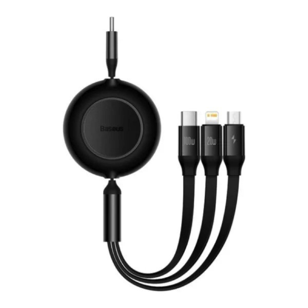 Кабель Baseus Bright Mirror 2 Series Retractable 3-in-1 Fast Charging Data Cable Type-C to M+L+C 100W 1.1m Чорний