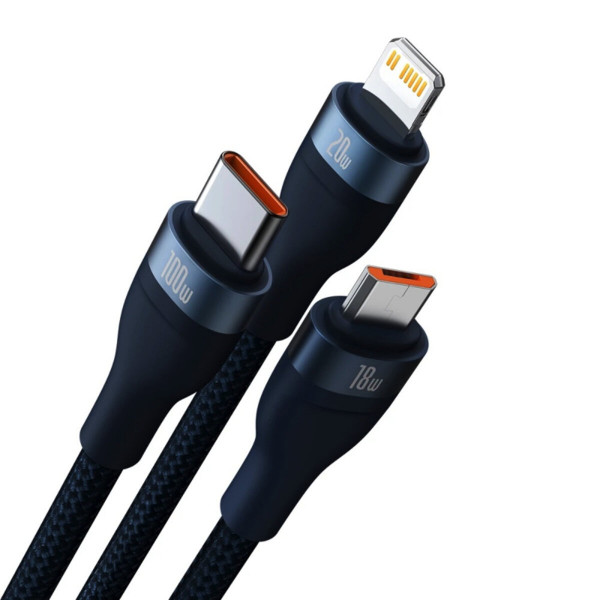 Кабель Baseus Flash Series Ⅱ Two-for-three Charging Cable U+C to M+L+C 100W 1.2m Блакитний