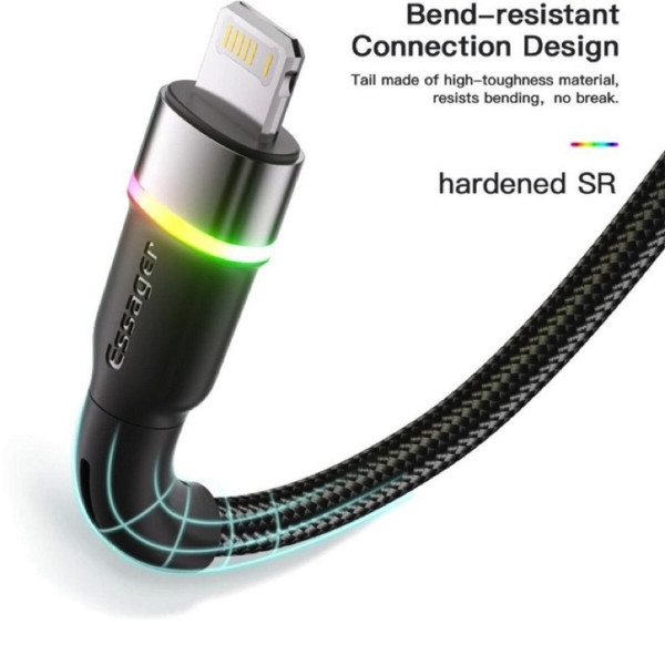 Кабель Essager Colorful LED USB Cable Fast Charging 2.4A USB-A to Lightning 2m чорний (EXCL-XCDA01)