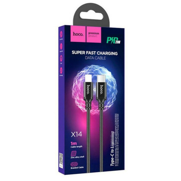 Кабель HOCO X14 Type-C to iP 3A, 20W, 1m, nylon, aluminum connectors, Black