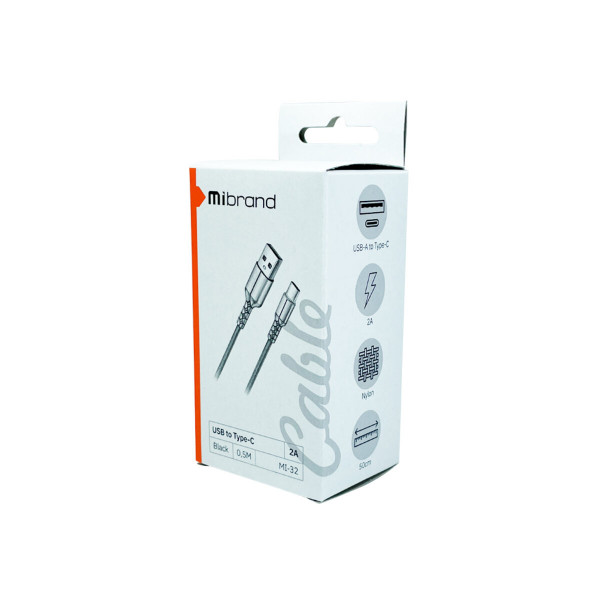 Кабель Mibrand MI-32 Nylon Charging Line USB for Type-C 2A 0.5m Black