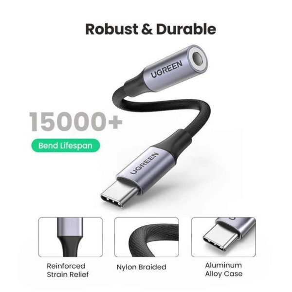 Кабель-перехiдник UGREEN AV161 USB-C to 3.5mm M/F Cable Aluminum Shell with Braided 10cm (Space Gray) (UGR-80154)