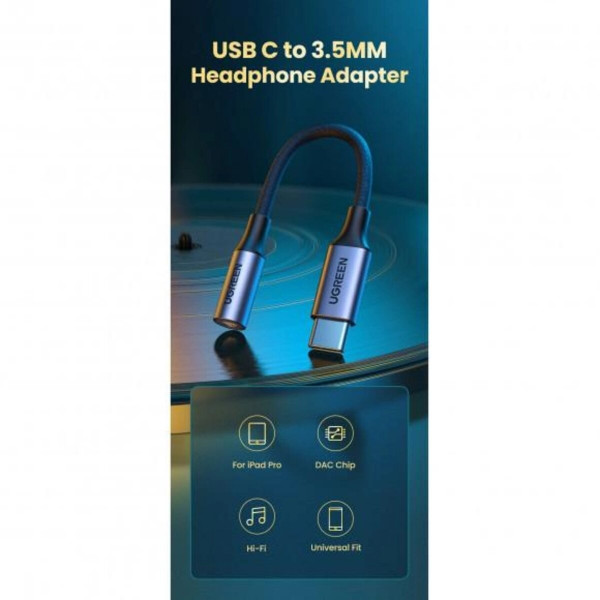 Кабель-перехiдник UGREEN AV161 USB-C to 3.5mm M/F Cable Aluminum Shell with Braided 10cm (Space Gray) (UGR-80154)