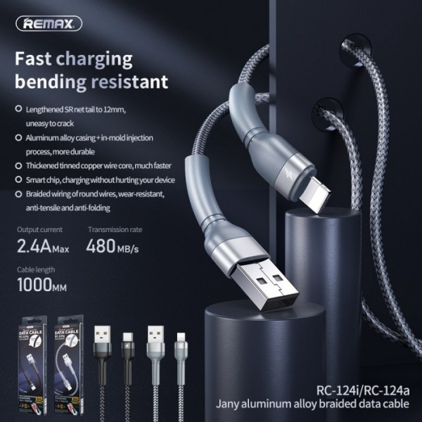 Кабель REMAX Jany Series Aluminum Alloy Braided 2.4A data cable RC-124m/i/a Lightning-Black (6972174152837)
