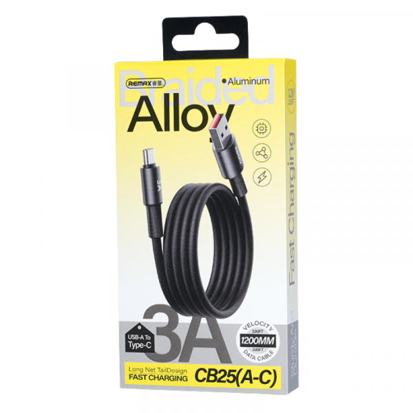 Кабель REMAX WindSpeed Series Fast charging aluminum alloy braided data cable CB25 A-C) 3A - Black 1.2M (6954851247708)