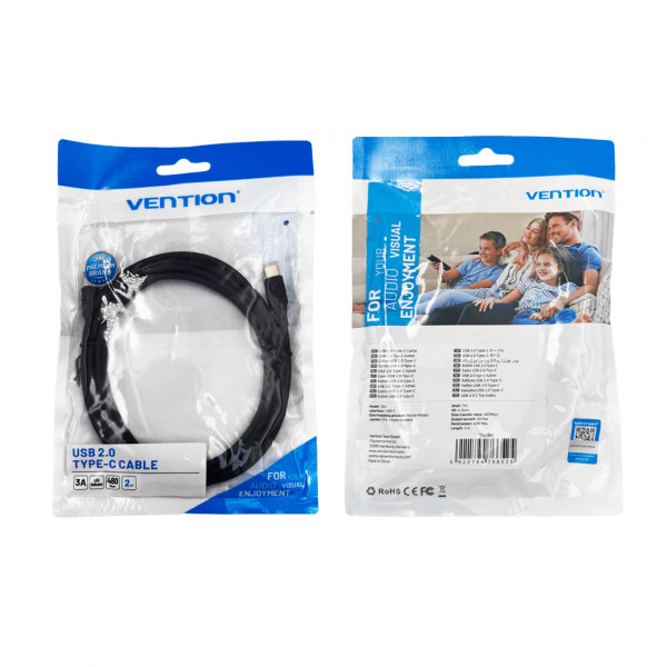 Кабель Vention Nylon Braided USB 2.0 C Male to C Male 3A Cable 2M Чорний LED Type (TAUBH)