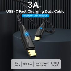 Кабель Vention Nylon Braided USB 2.0 C Male to C Male 3A Cable 2M Чорний LED Type (TAUBH)