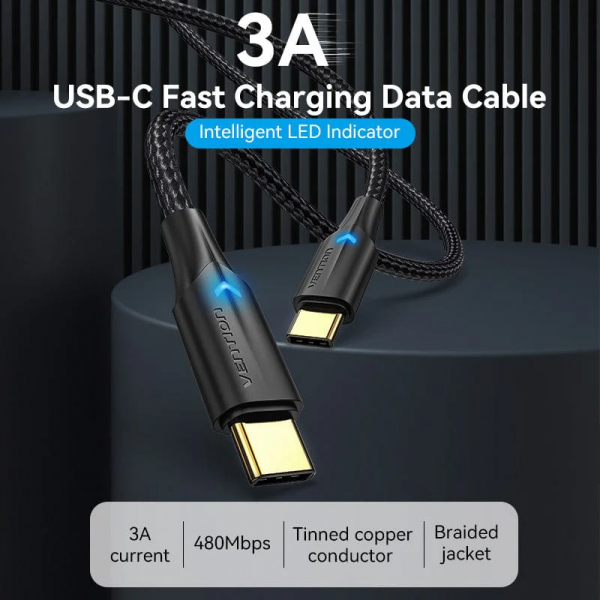 Кабель Vention Nylon Braided USB 2.0 C Male to C Male 3A Cable 2M Чорний LED Type (TAUBH)