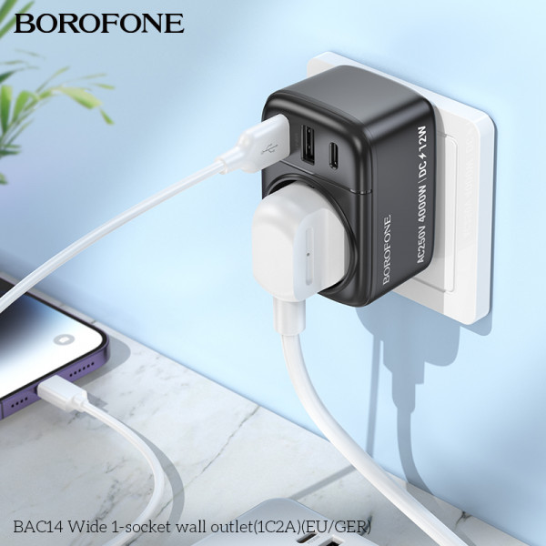 Мережевий фільтр BOROFONE BAC14 Wide 1-socket wall outlet (1C2A) (EU/GER) Black