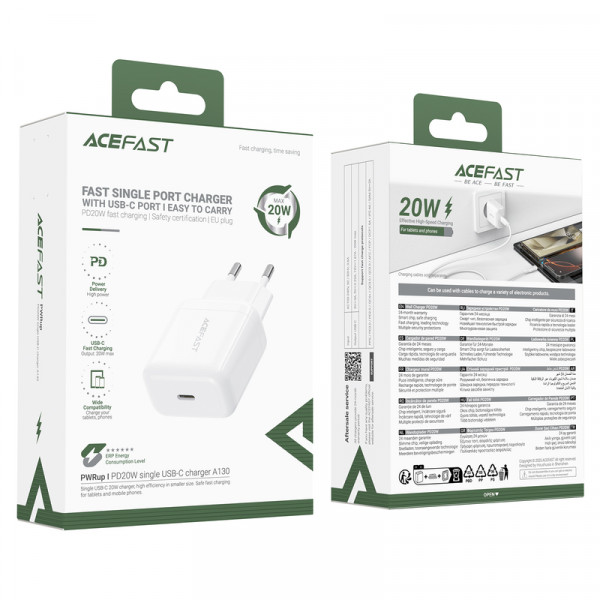 Мережевий зарядний пристрій ACEFAST A130 PD20W single USB-C charger White (6974316284659)