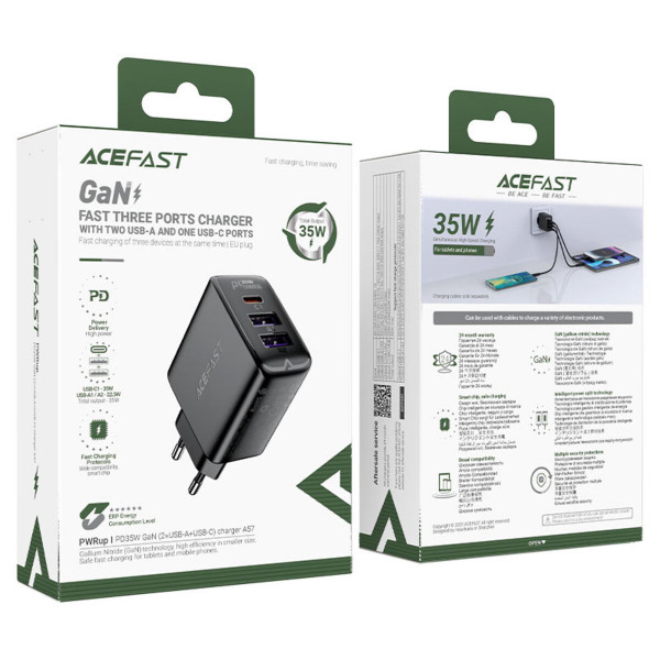Мережевий зарядний пристрій ACEFAST A57 PD35W GaN (2*USB-A+USB-C) charger Black