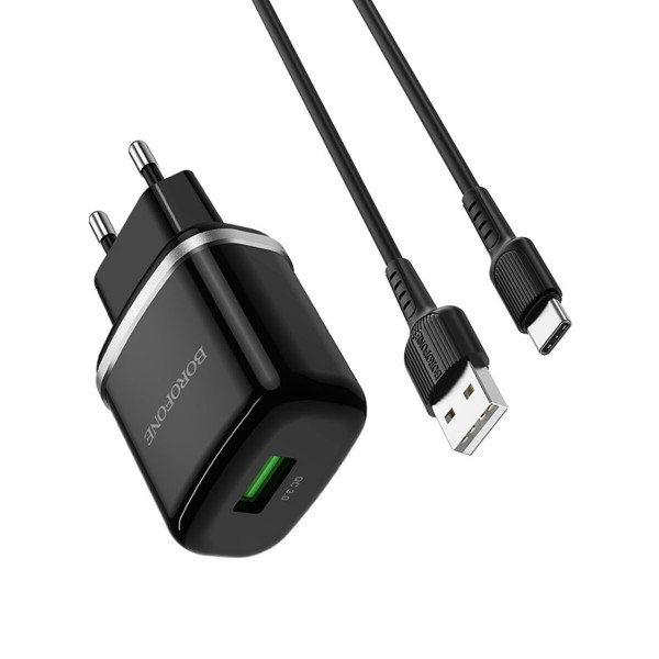 Мережевий зарядний пристрій BOROFONE BA36A High speed single port QC3.0 charger set 18W(Type-C) Чорний