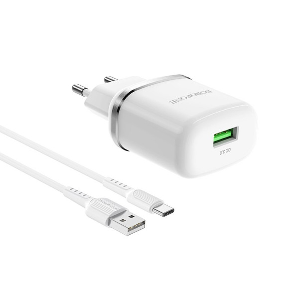 Мережевий зарядний пристрій BOROFONE BA36A High speed single port QC3.0 charger set 18W(Type-C) Білий