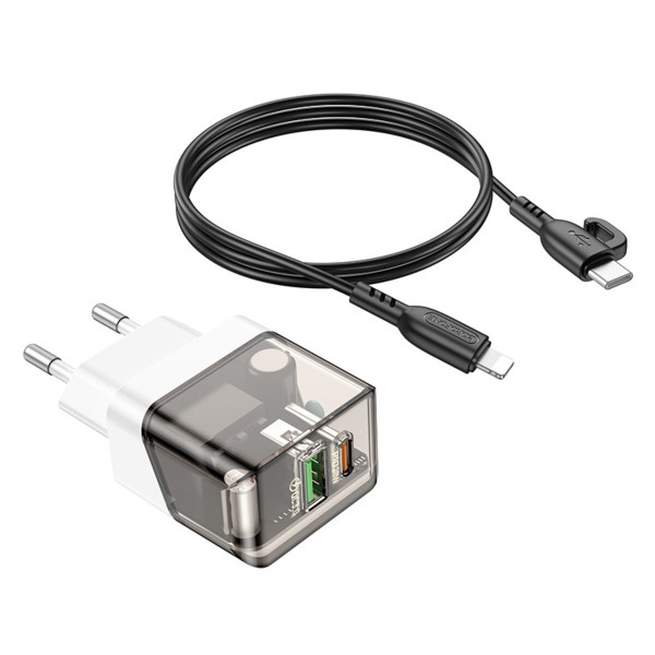 Мережевий зарядний пристрій BOROFONE BA80A Scenery PD20W+QC3.0 charger set (C to iP)(EU) Transparent Чорний