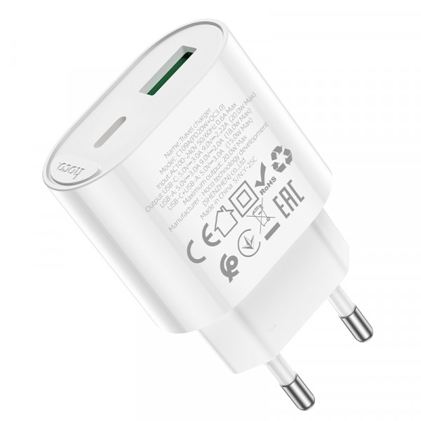 Мережевий зарядний пристрій HOCO C109A(PD20W+QC3.0) Fighter PD20W+QC3.0 charger White (6942007656719)