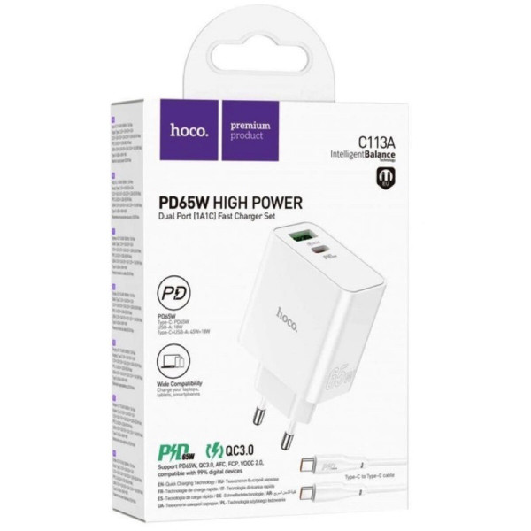 Мережевий зарядний пристрій HOCO C113A Awesome PD65W dual port(1A1C) charger Білий