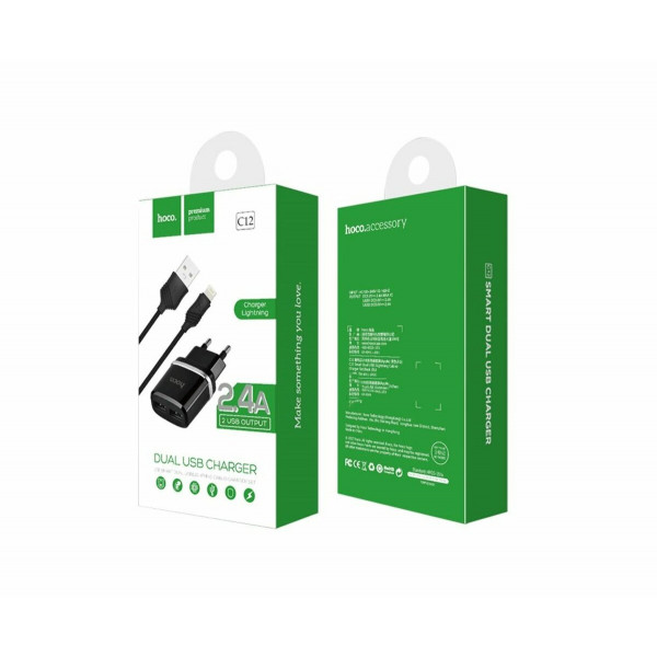 Мережевий зарядний пристрій HOCO C12 Smart dual USB (iP cable)charger set 12W Black