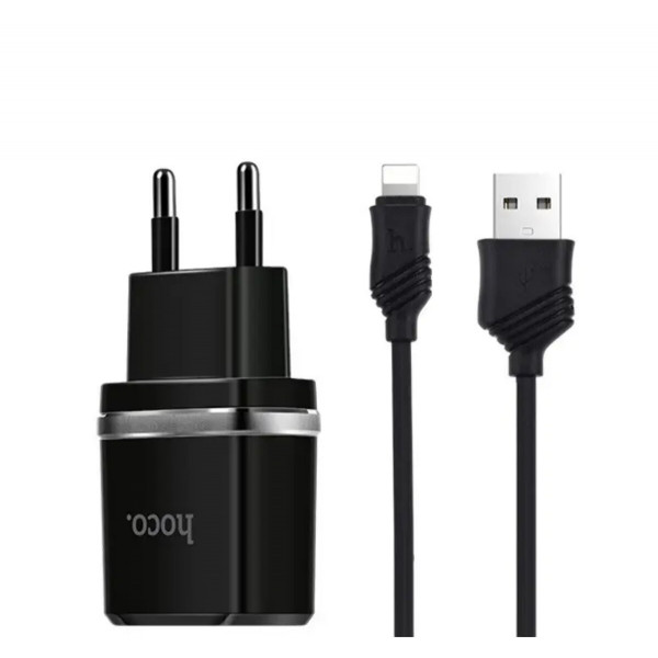 Мережевий зарядний пристрій HOCO C12 Smart dual USB (iP cable)charger set 12W Black
