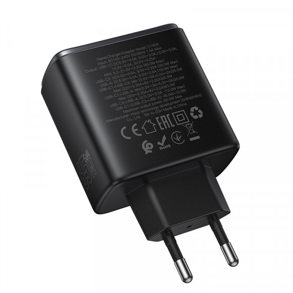 Мережевий зарядний пристрій HOCO C160A Upgrade PD65W(2C1A) charger Black (6942007672009)