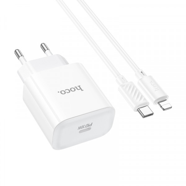 Мережевий зарядний пристрій HOCO C76A Pro Majestic single port PD30W charger set (C to iP)(EU) White (6942007616317)