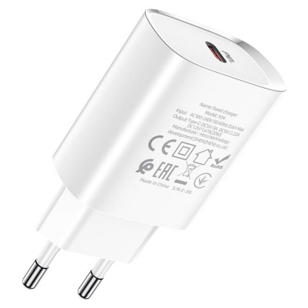 Мережевий зарядний пристрій HOCO N14 Smart Charging single port PD20W charger Білий